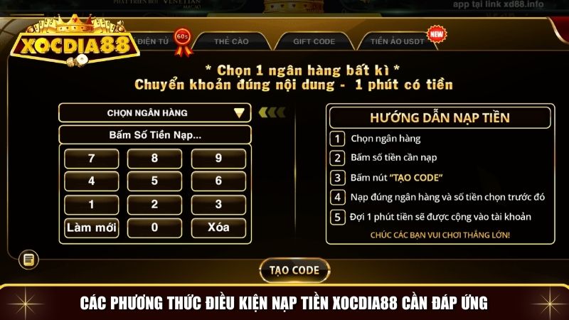 Điều kiện cơ bản đáp ứng khi nạp tiền Xocdia88